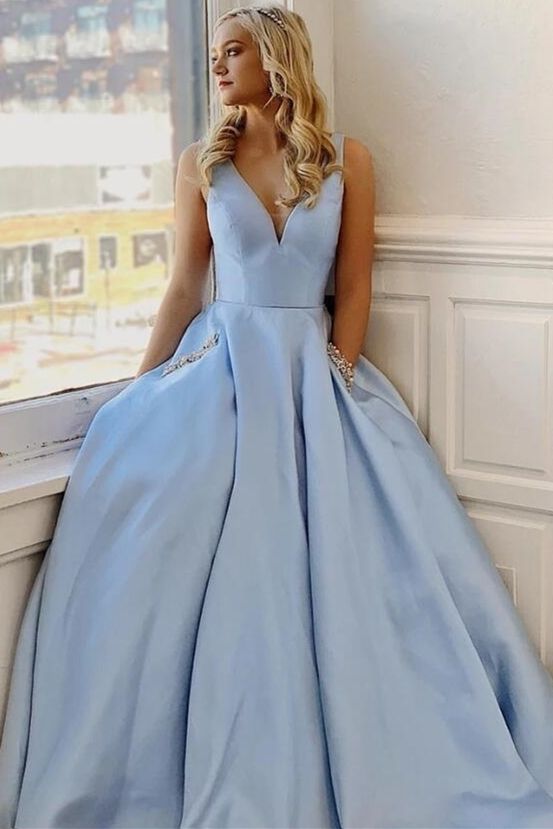 Simple Light Sky Blue Prom Dress with Pockets, Long Evening Dress cg9551