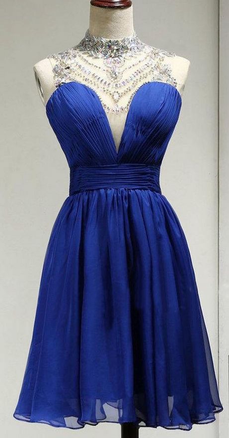 High neck Royal Blue Homecoming Dress, Short Homecoming Dresses, A Line Homecoming Gowns cg9573