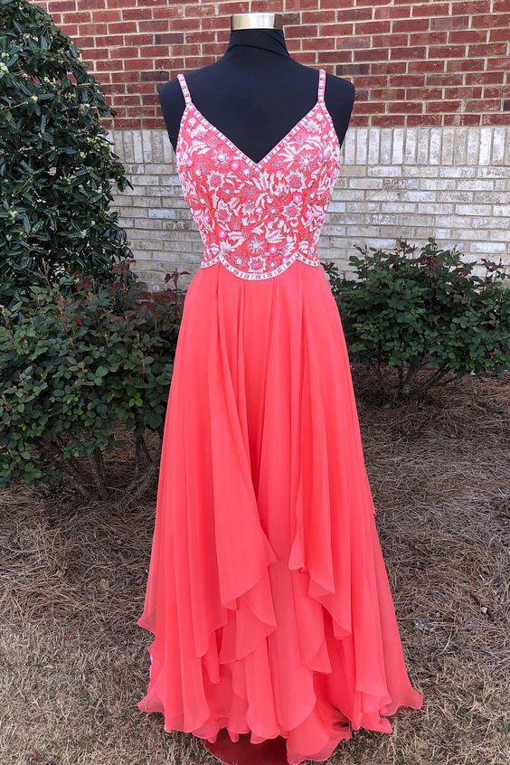 Sexy Spaghetti Straps A Line Prom Dress Embroidery Watermelon Tiered Long Prom Dresses cg9574