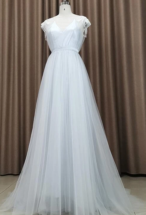 Beautiful Light Grey Tulle Long Party Dress, Light Grey Evening prom Gown cg9577