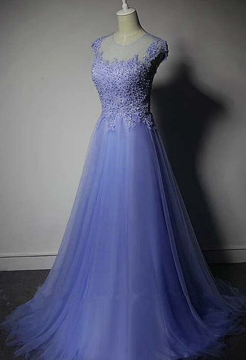 Süßes lila A-Linien-Brautjungfernkleid aus Tüll, Ballkleid mit Spitzenapplikation cg9578