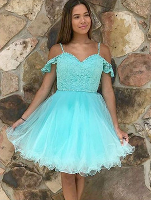 A-Linie, schulterfrei, mintgrünes Tüll-Heimkehrkleid mit Spitze, cg959
