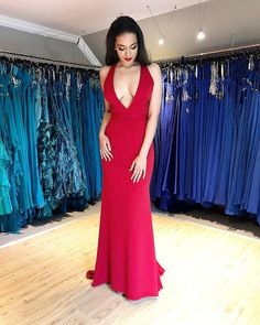 Mermaid Long Evening Party Dress, Sexy Deep V neck Red Prom Dress cg9594