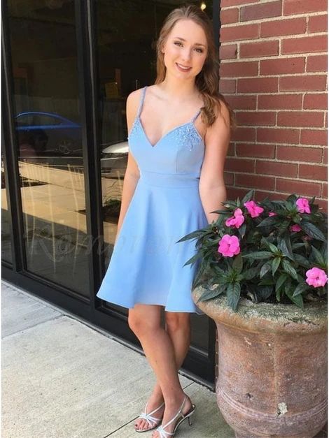A-Line Spaghetti Straps Above-Knee Light Blue Homecoming Dress with Beading cg9618