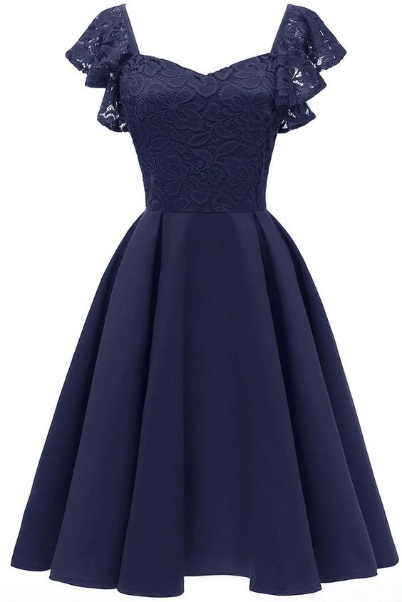 Dunkelmarineblaues Homecoming-Kleid aus Satin mit Flügelärmeln, cg9626