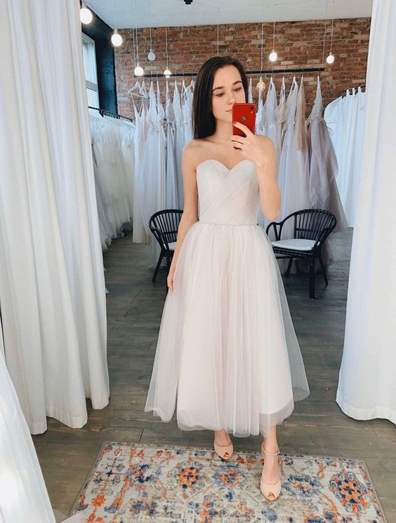 tulle midi wedding dress Satin Tulle Midi Wedding Dress, Simple Square Neckline Tea Length Formal Prom Dress fg7288