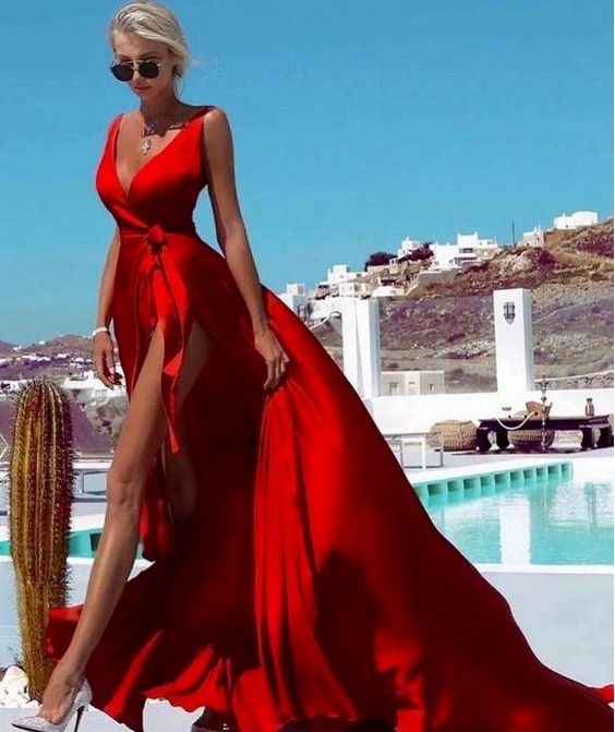 2020 Sexy Deep V Neck Sleeveless Solid Color Maxi High Split Lace up Party prom Dress cg9655