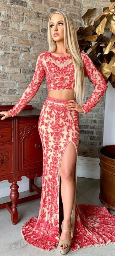 Sexy Long Prom Dress,Two Piece Evening Dress,Long Sleeve Prom Dress,Two Piece Long Sleeve Evening Dress cg9662