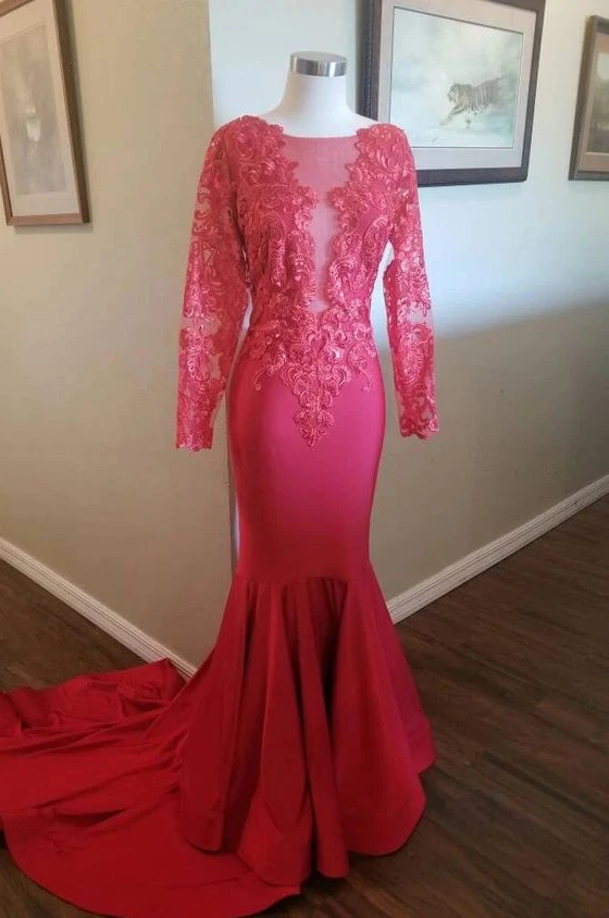 Elegant Long Sleeves Mermaid Red Long Prom Dress with Embroidery cg9664