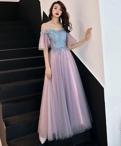 Langes Ballkleid aus rosa Tüllspitze, Brautjungfernkleid aus rosa Tüllspitze cg9667