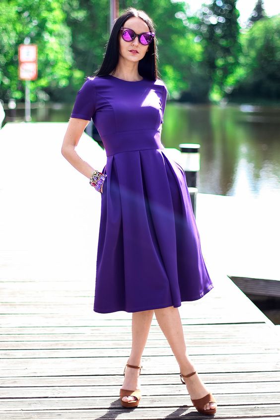 Dark Purple Pleated Dress, Knee Length Dress homecoming dress cg9674