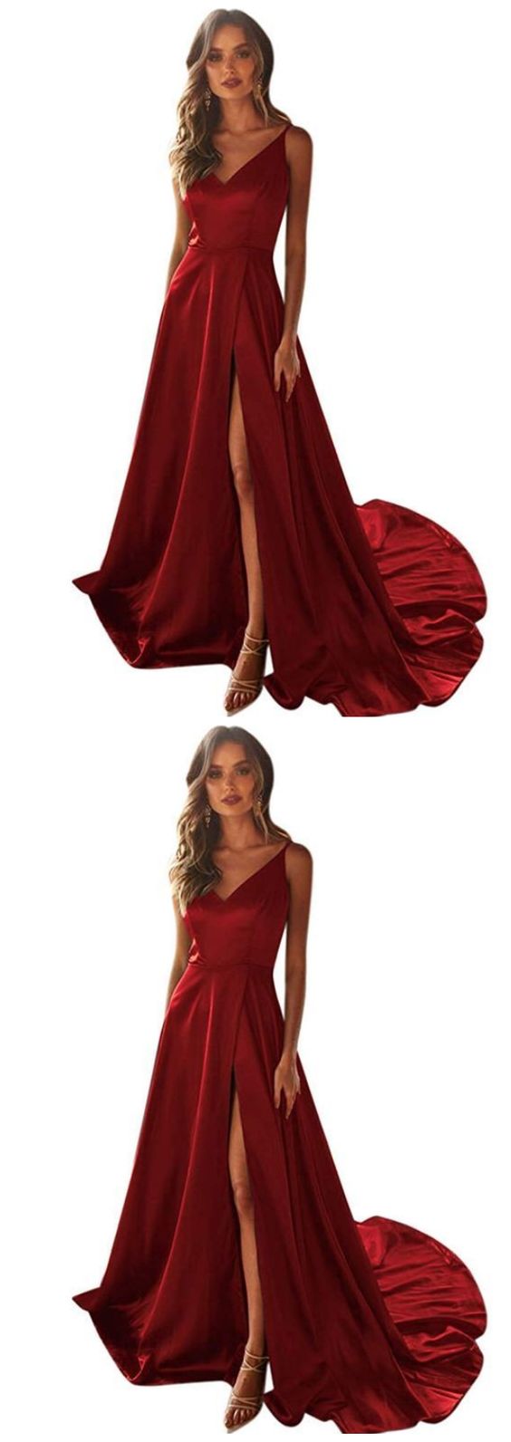 Satin Burgundy Prom Dress with Split, A-Line V-Neck Long Prom Dresses cg9696