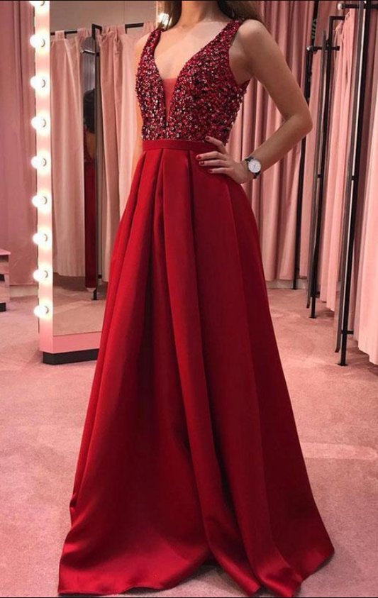 Burgunderrotes langes Ballkleid mit V-Ausschnitt und Pailletten, Abendkleid cg970