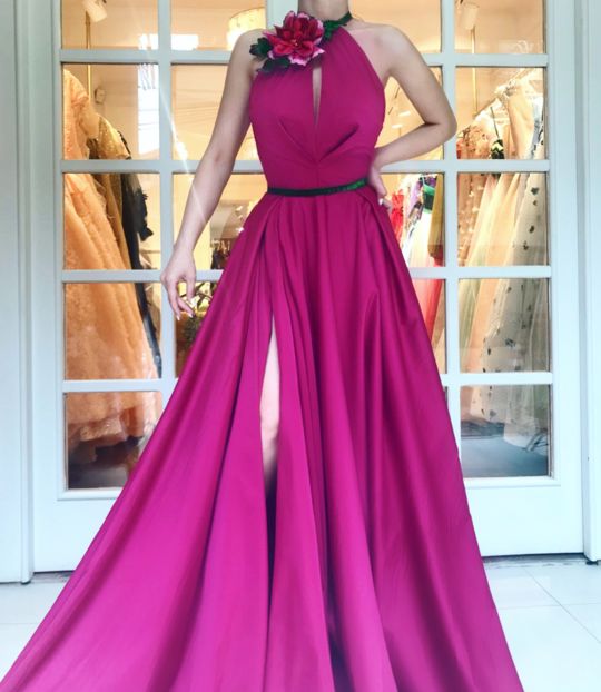 Charming Sexy High Slit Prom Dress,Halter A Line Prom Dress , Floor Length 3D Flower Evening Dress,Custom Made Formal Gowns cg9701