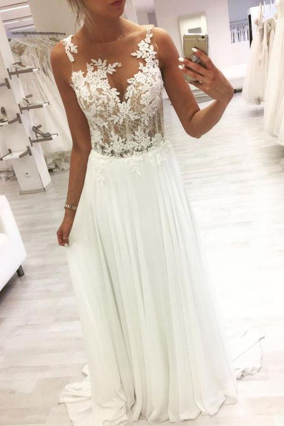 White round neck tulle lace long prom dress lace formal dress cg9724