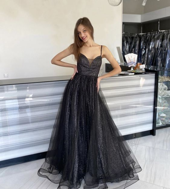 Black tulle sequins long prom dress evening dress cg9726