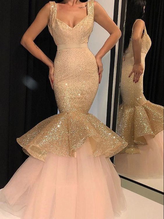 Mermaid Straps Long Prom Dress Sequins Sexy Party Dresses cg9736