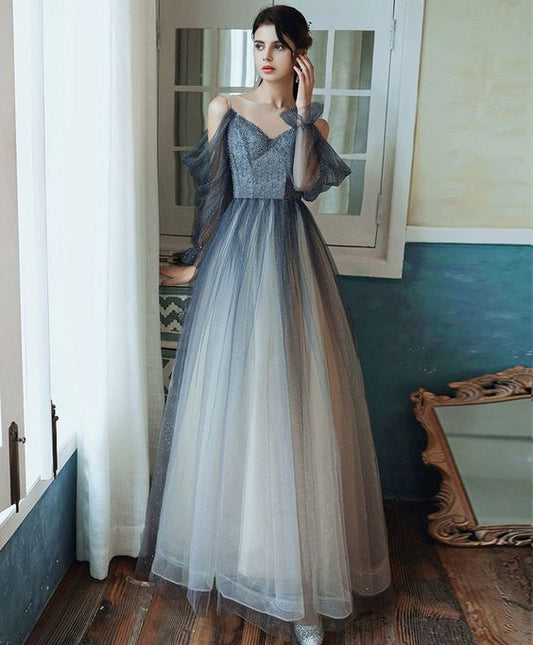 2021 Blaues Tüll-Pailletten-Langballkleid Blaues Tüll-Abendkleid cg9737