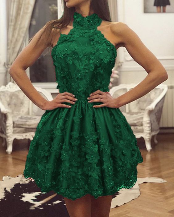 Short Green halter lace homecoming dresses cg9743