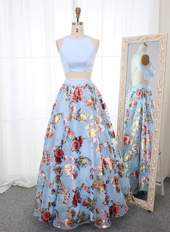 Wunderschönes, zweiteiliges Ballkleid aus Organza mit Rundhalsausschnitt und blauem Blumenmuster, cg976