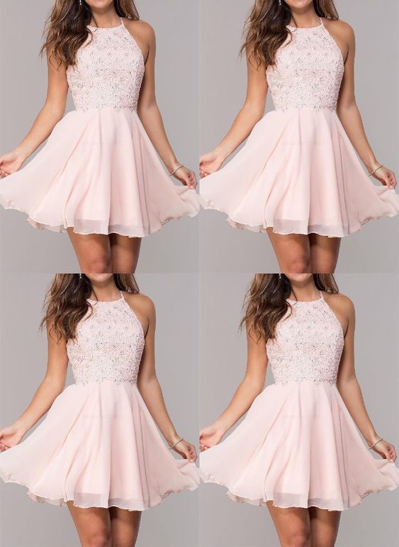 Light Pink Homecoming Dresses,Chiffon Short Homecoming Dresses,Beaded Halter Homecoming Dresses cg9780