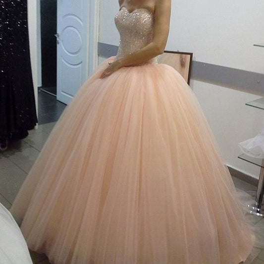 Sparkly Kristall Perlen Schatz Pfirsich Tüll Brautkleider Ballkleider prom kleid cg9796