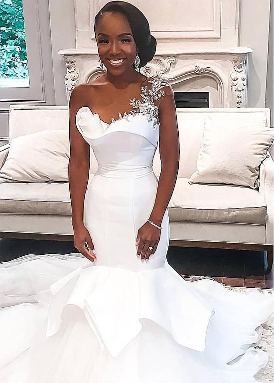 satin and tulle mermaid wedding dress Satin Sweetheart Floor Length Tulle Mermaid Wedding Dress Featuring Beaded Embellishment