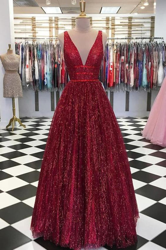 Atemberaubendes rotes ärmelloses Ballkleid mit V-Ausschnitt und bodenlangem A-Linien-Partykleid cg980
