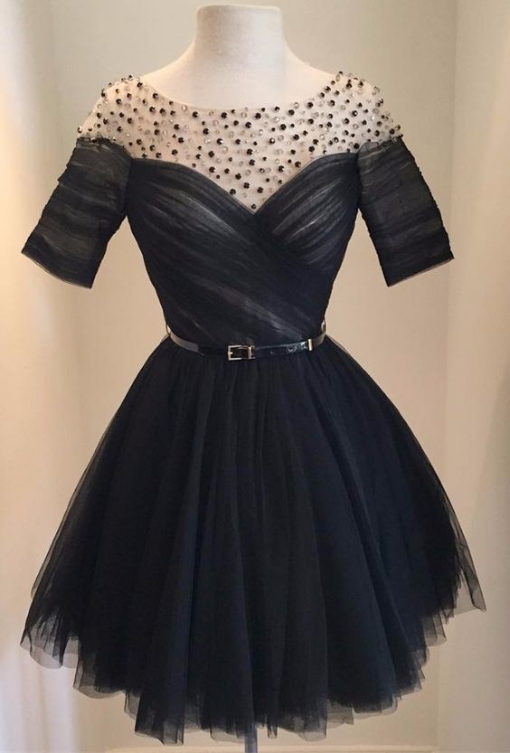 Short Cocktail Dress,Black Beaded Tulle homecoming Gown cg9822