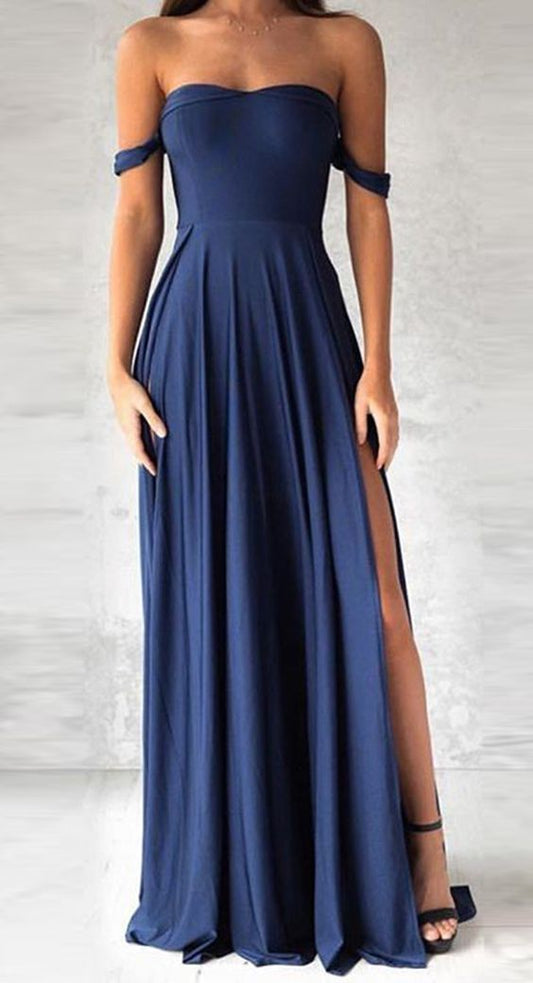 Sexy Off-Shoulder-Ballkleid, Marineblaues Chiffon-Ballkleid, Seitlich geschlitztes Ballkleid cg983