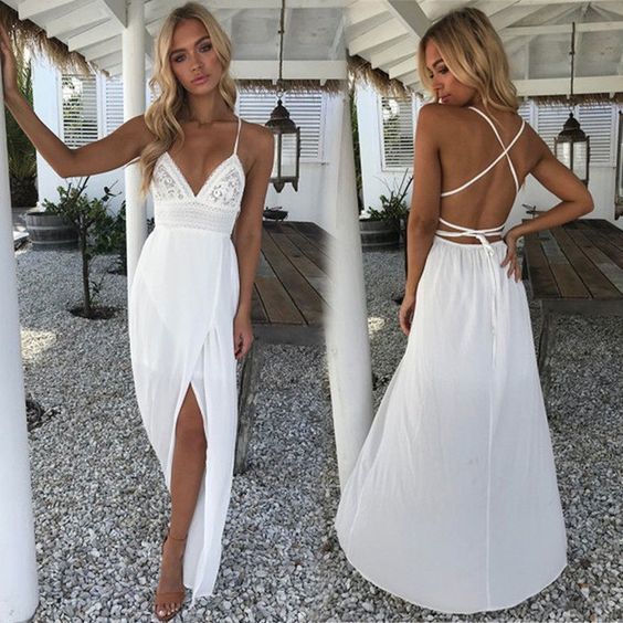 Floral White V neckline Boho prom Dress cg9874 classygown