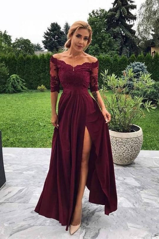 Günstiges schulterfreies Burgunderrotes langes Ballkleid mit halblangen Ärmeln und seitlichem Schlitz cg988
