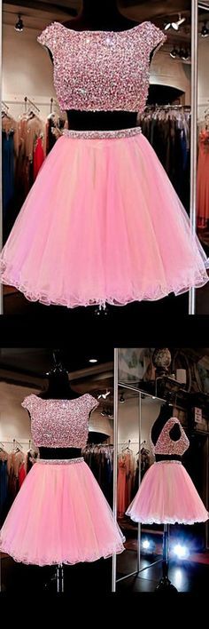 Süßes zweiteiliges rosa Homecoming-Kleid mit Perlenbesatz cg9897