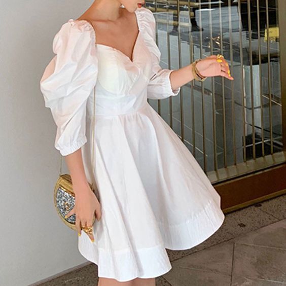 White Puff Sleeves Mini Dress homecoming dress cg9901