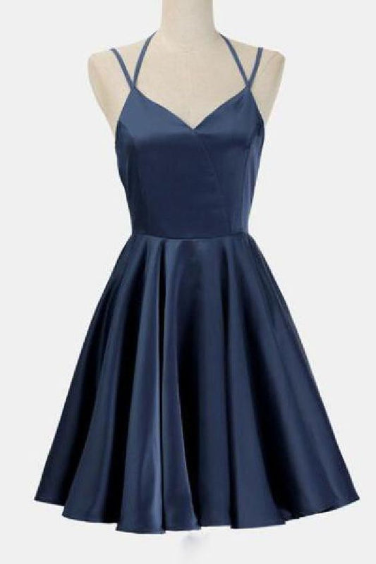 Günstige Partykleid Einfache dunkelblaue Spaghettiträger Günstige kurze Homecoming-Kleider Partykleider cg991