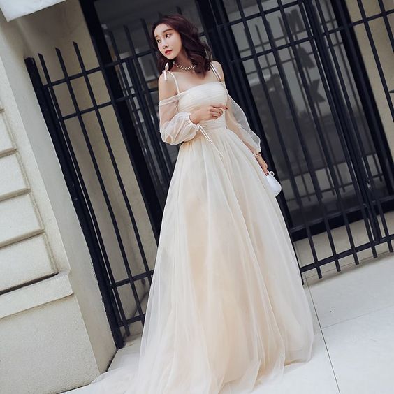 Champagne Summer Prom Dresses Empire Spaghetti Straps Off-The-Shoulder Long Sleeve cg9920