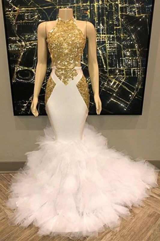 Gold-weißes langes Meerjungfrau-Ballkleid, Abendkleider cg9942