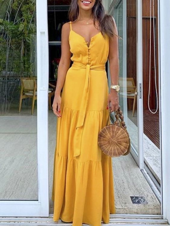 Women Yellow Spaghetti Strap Long Dress Female V Neck Backless High Waist Maxi Dress Plus Size Ladies Sexy Party prom Dress cg9950