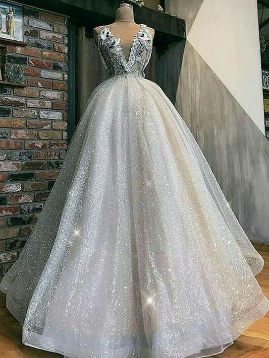 Glitzerndes Elfenbein-Pailletten-Tylle-Stickerei-Applikation-Ballkleid mit V-Ausschnitt cg997