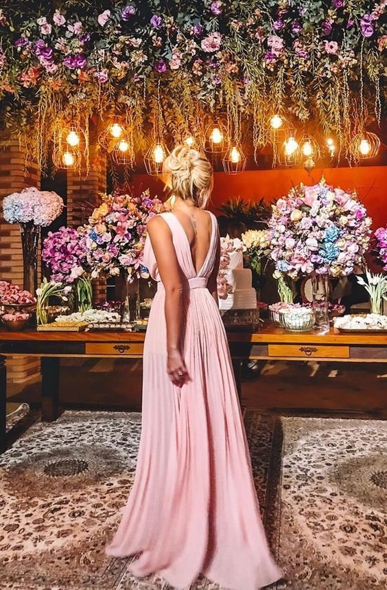 Pink A-line V Neck Chiffon Prom Dress cg9979