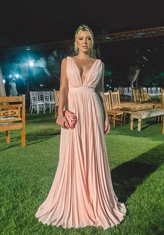 Pink A-line V Neck Chiffon Prom Dress cg9979