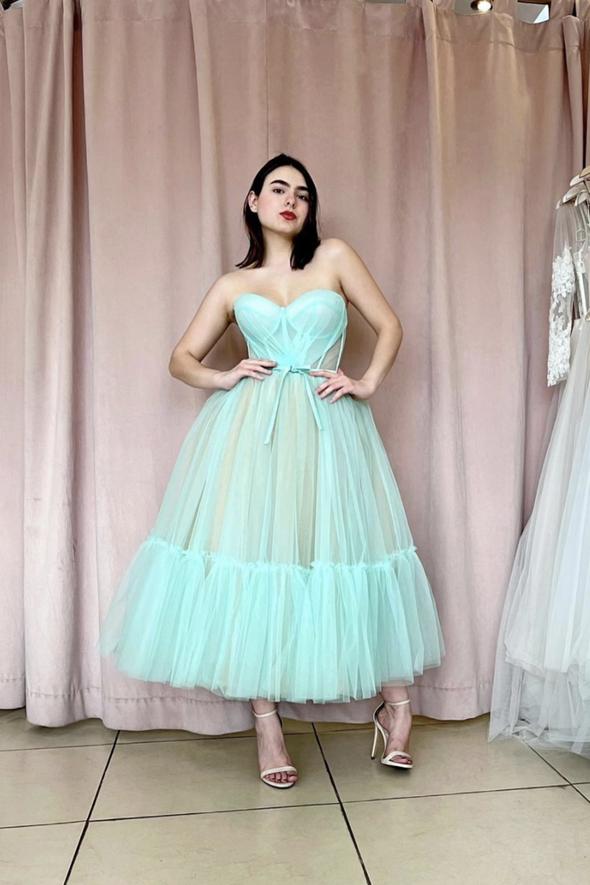 Blue tulle short A line prom dress nv06