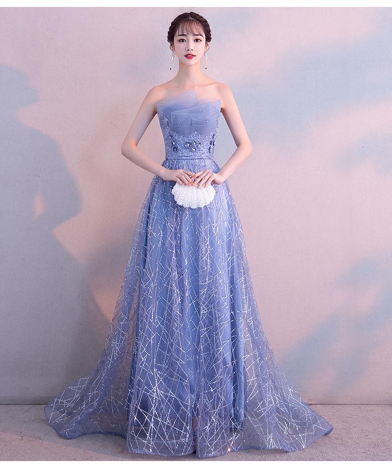 Beautiful Blue-Grey Tulle A-Line Long Evening Dress With Beadings, Long Party Dress prom dress nv09