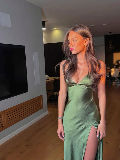 Gorgeous A Line Spaghetti Straps Green Tea Length Prom Dresses Evening Dress main image 1