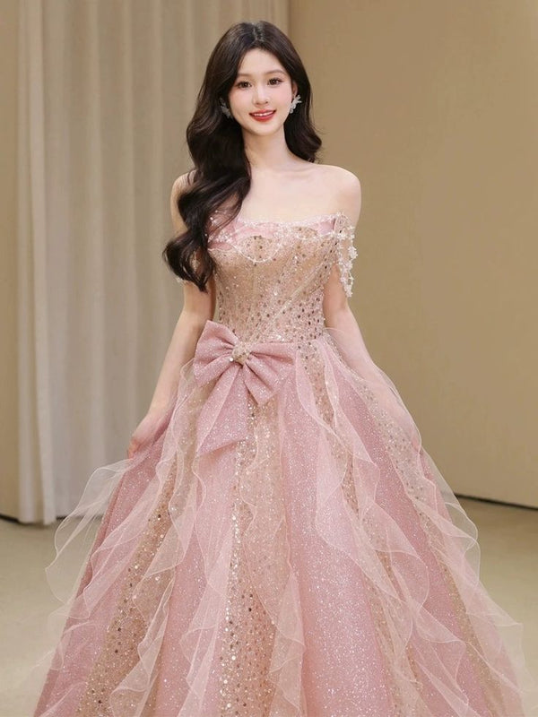 A Line Pink Long Prom Dresses Party Evening Gowns     fg3104
