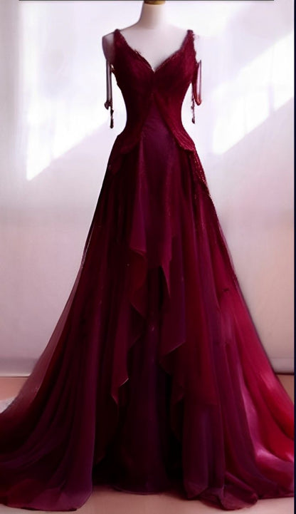 A Line Burgundy Tulle Long Prom Dresses, Formal Graduation Evening Dresses    cg25332