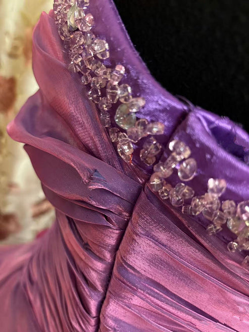 Elegant Purple Straps A-Line Beading Satin Long Prom Dress Evening Gown, DP3483