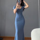 SHORT-SLEEVE BLUE MIDI MERMAID EVENING DRESS PARTY DRESS     cg25309