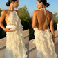 Halter Sleeveless Long Prom Dress Ruffle Backless Evening Gown    cg25307