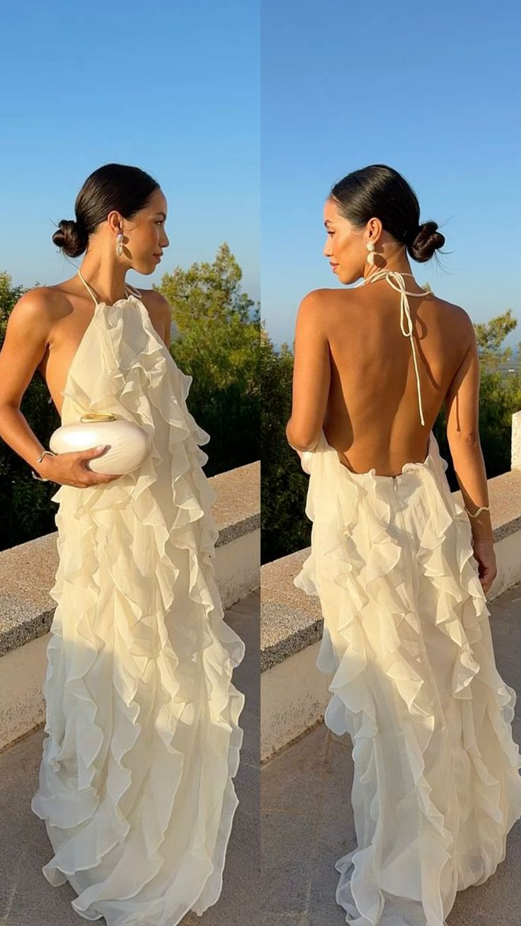 Halter Sleeveless Long Prom Dress Ruffle Backless Evening Gown    cg25307